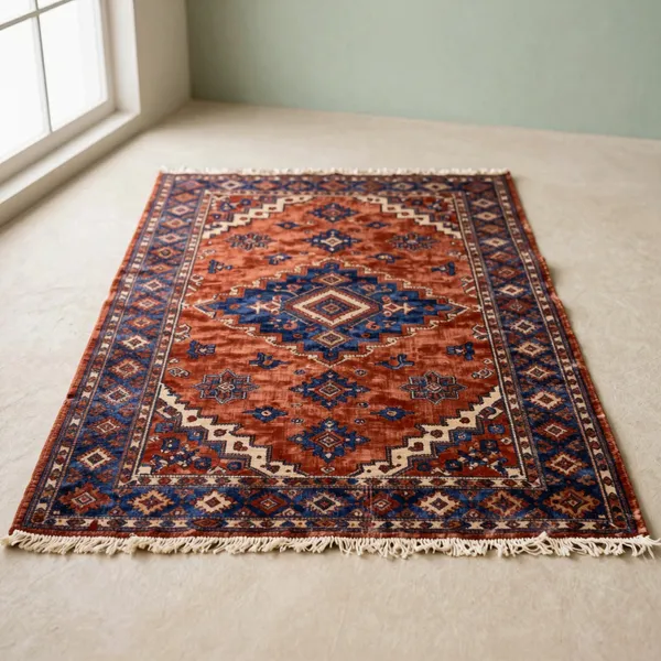 Illustrative: 1920s Heriz carpet, bold geometric medallion, rust and indigo, sturdy village weave