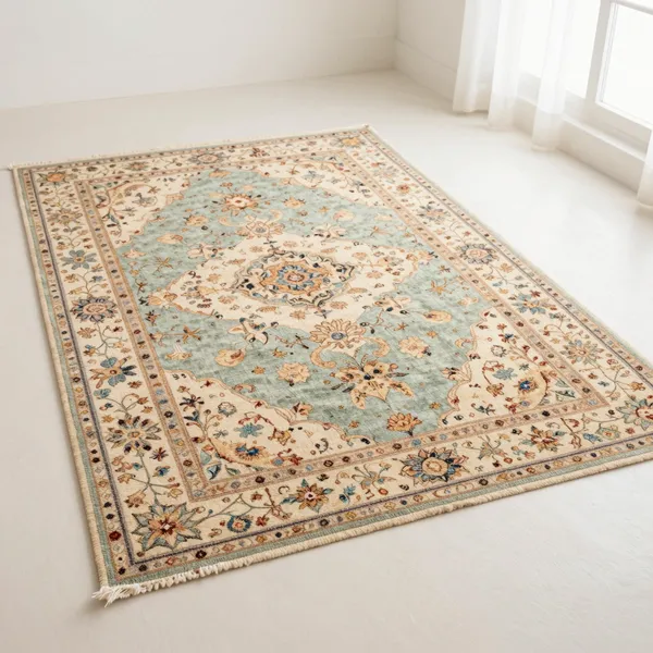 Illustrative: mid-century Qum silk rug, finely knotted floral design, small scatter size