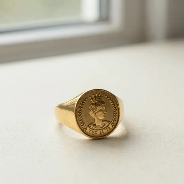 Illustrative: 1960s 18ct gold signet ring with a hand-engraved family crest